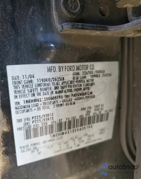 2005 Mercury Montego Premier from USA, damaged, VIN 1MEHM43135G605193